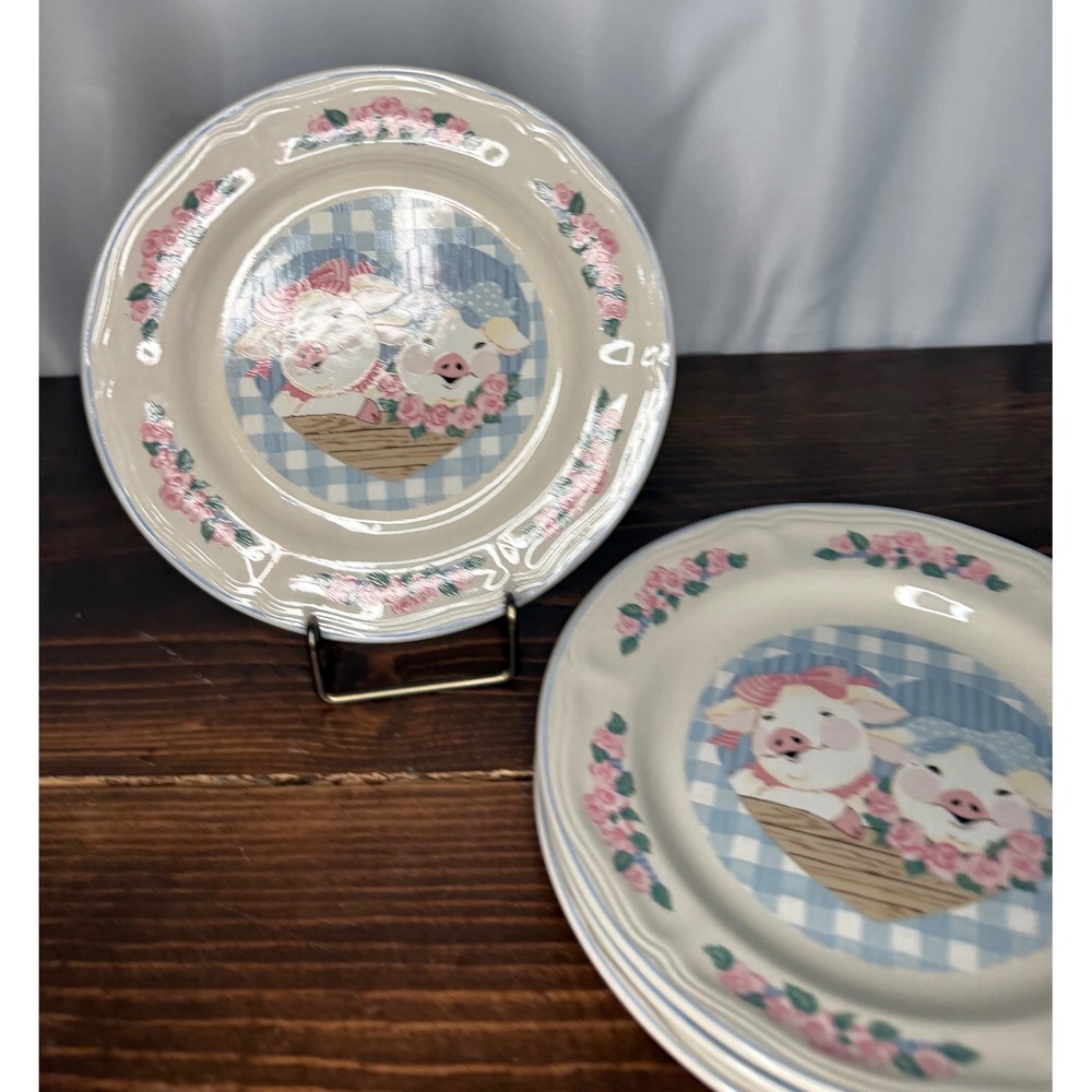VTG Tienshan Stoneware Pig Pals Salad Plates Set of 4 Country Farmhouse  7.5 in - Picture 2 of 8